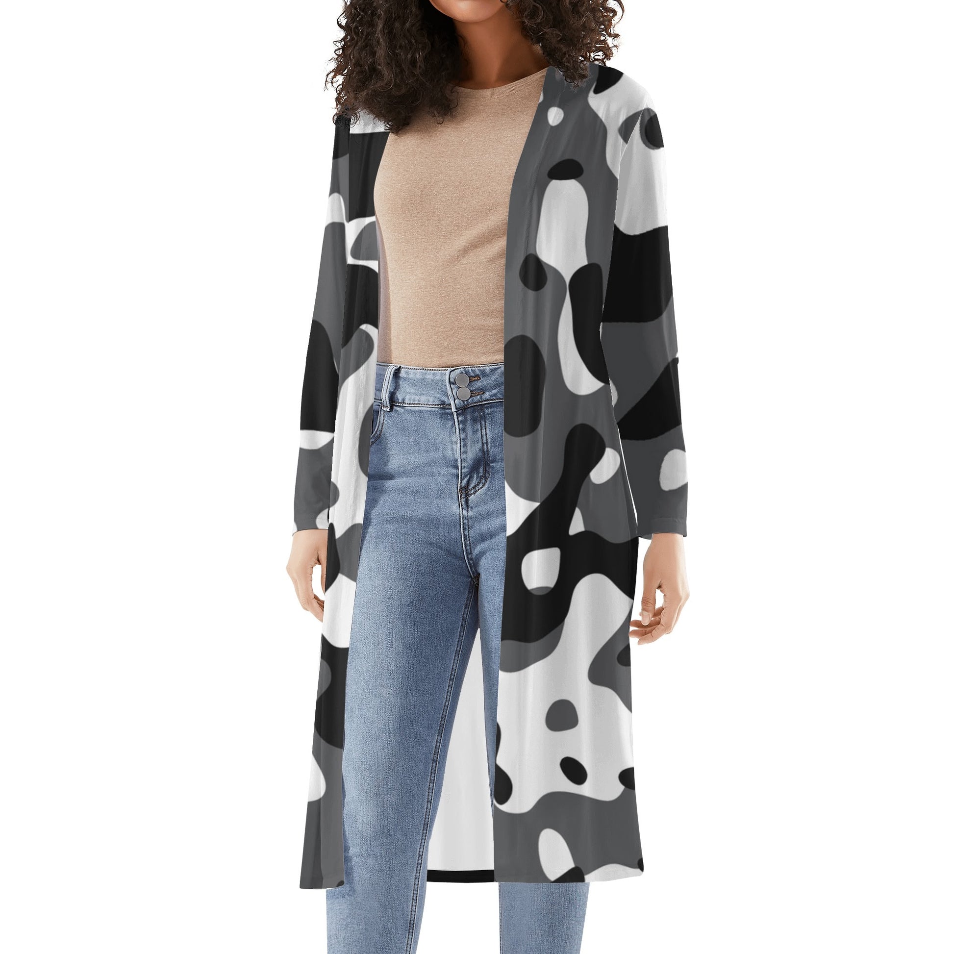 Langer leichter Schwarz Grau Weiß Camouflage Kimono Cardigan Cardigan JLR Design