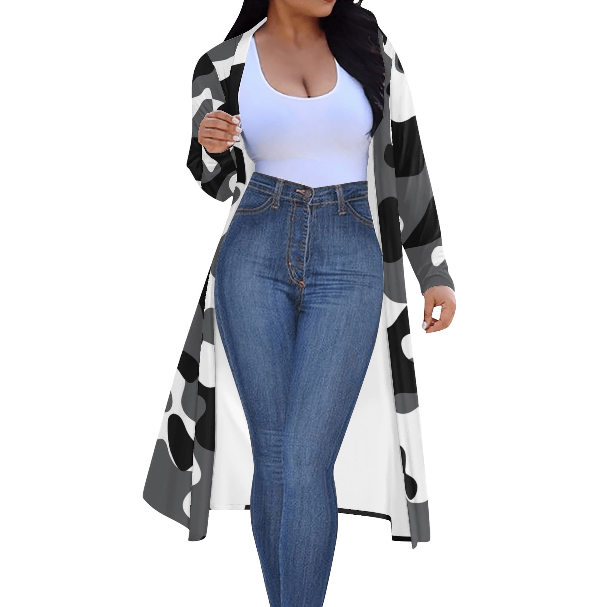 Langer leichter Schwarz Grau Weiß Camouflage Kimono Cardigan Cardigan JLR Design