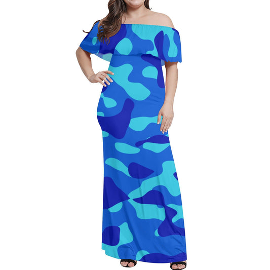 Langes schulterfreies Blue Camouflage Kleid mit lockerem Oberteil Off-Shoulder-Kleid 79.99 Blue, Camouflage, Kleid, Lang, locker, Oberteil, Schulterfrei JLR Design