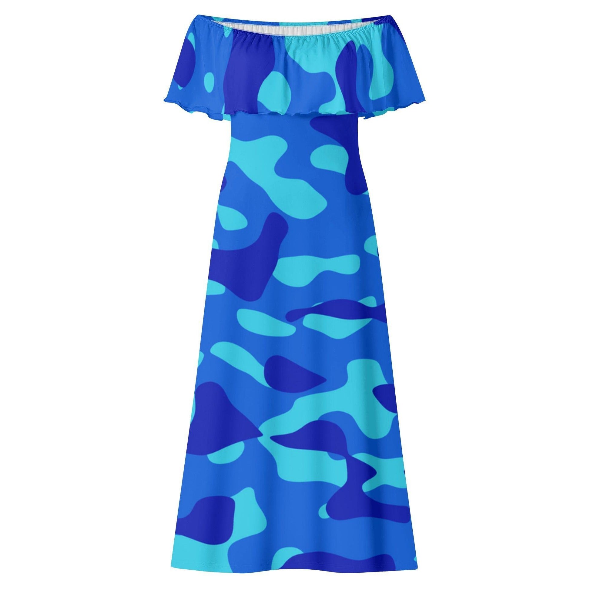 Langes schulterfreies Blue Camouflage Kleid mit lockerem Oberteil Off-Shoulder-Kleid 79.99 Blue, Camouflage, Kleid, Lang, locker, Oberteil, Schulterfrei JLR Design