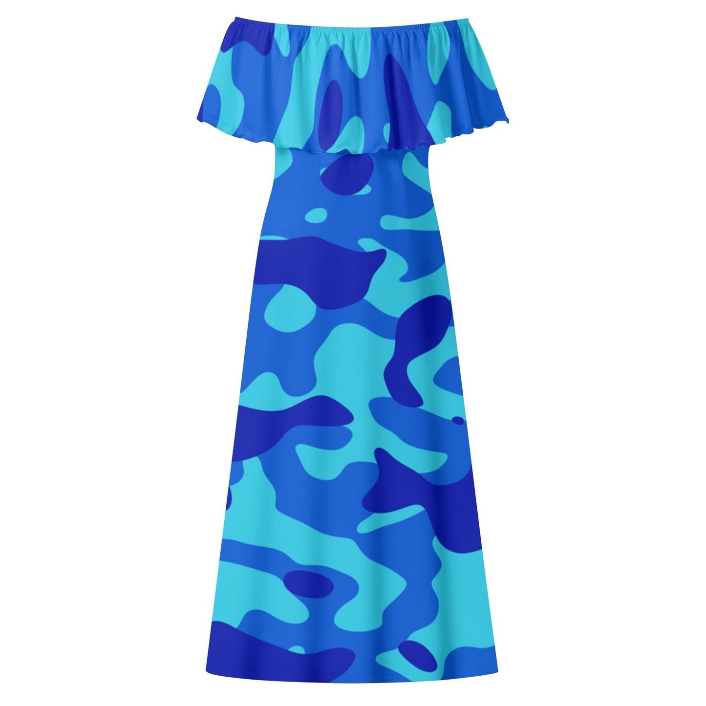 Langes schulterfreies Blue Camouflage Kleid mit lockerem Oberteil Off-Shoulder-Kleid 79.99 Blue, Camouflage, Kleid, Lang, locker, Oberteil, Schulterfrei JLR Design