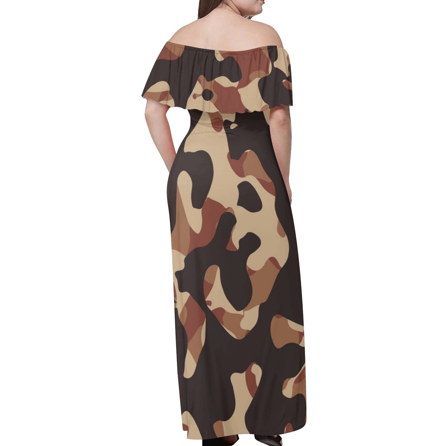 Langes schulterfreies Brown Camouflage Kleid mit lockerem Oberteil Off-Shoulder-Kleid 79.99 Brown, Camouflage, Kleid, Lang, locker, Oberteil, Schulterfrei JLR Design