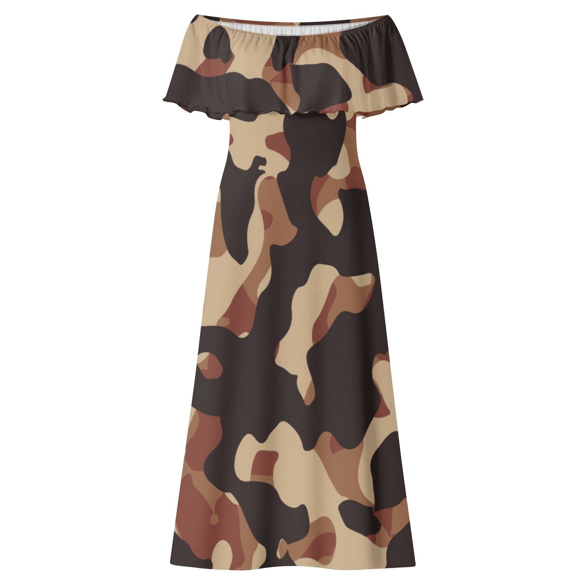 Langes schulterfreies Brown Camouflage Kleid mit lockerem Oberteil Off-Shoulder-Kleid 79.99 Brown, Camouflage, Kleid, Lang, locker, Oberteil, Schulterfrei JLR Design