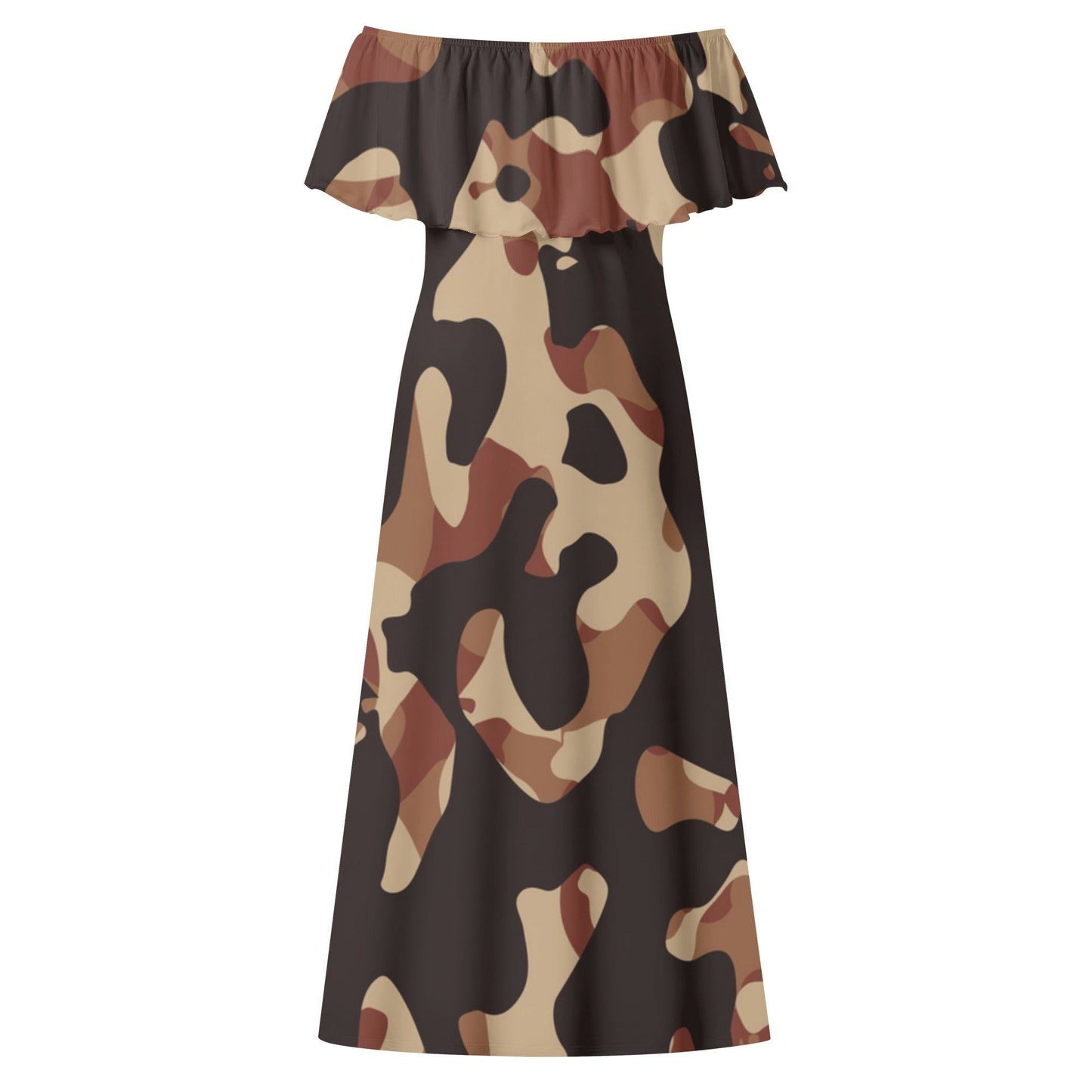 Langes schulterfreies Brown Camouflage Kleid mit lockerem Oberteil Off-Shoulder-Kleid 79.99 Brown, Camouflage, Kleid, Lang, locker, Oberteil, Schulterfrei JLR Design