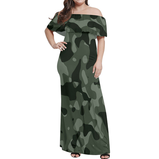 Langes schulterfreies Green Camouflage Kleid mit lockerem Oberteil Off-Shoulder-Kleid 79.99 Camouflage, Green, Kleid, Lang, locker, Oberteil, Schulterfrei JLR Design
