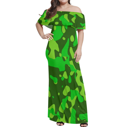 Langes schulterfreies Lime Green Camouflage Kleid mit lockerem Oberteil Off-Shoulder-Kleid 79.99 Camouflage, Green, Kleid, Lang, Lime, locker, Oberteil, Schulterfrei JLR Design