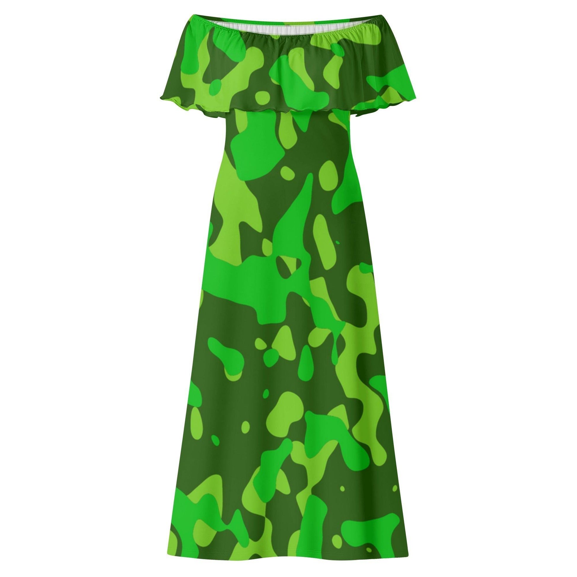 Langes schulterfreies Lime Green Camouflage Kleid mit lockerem Oberteil Off-Shoulder-Kleid 79.99 Camouflage, Green, Kleid, Lang, Lime, locker, Oberteil, Schulterfrei JLR Design