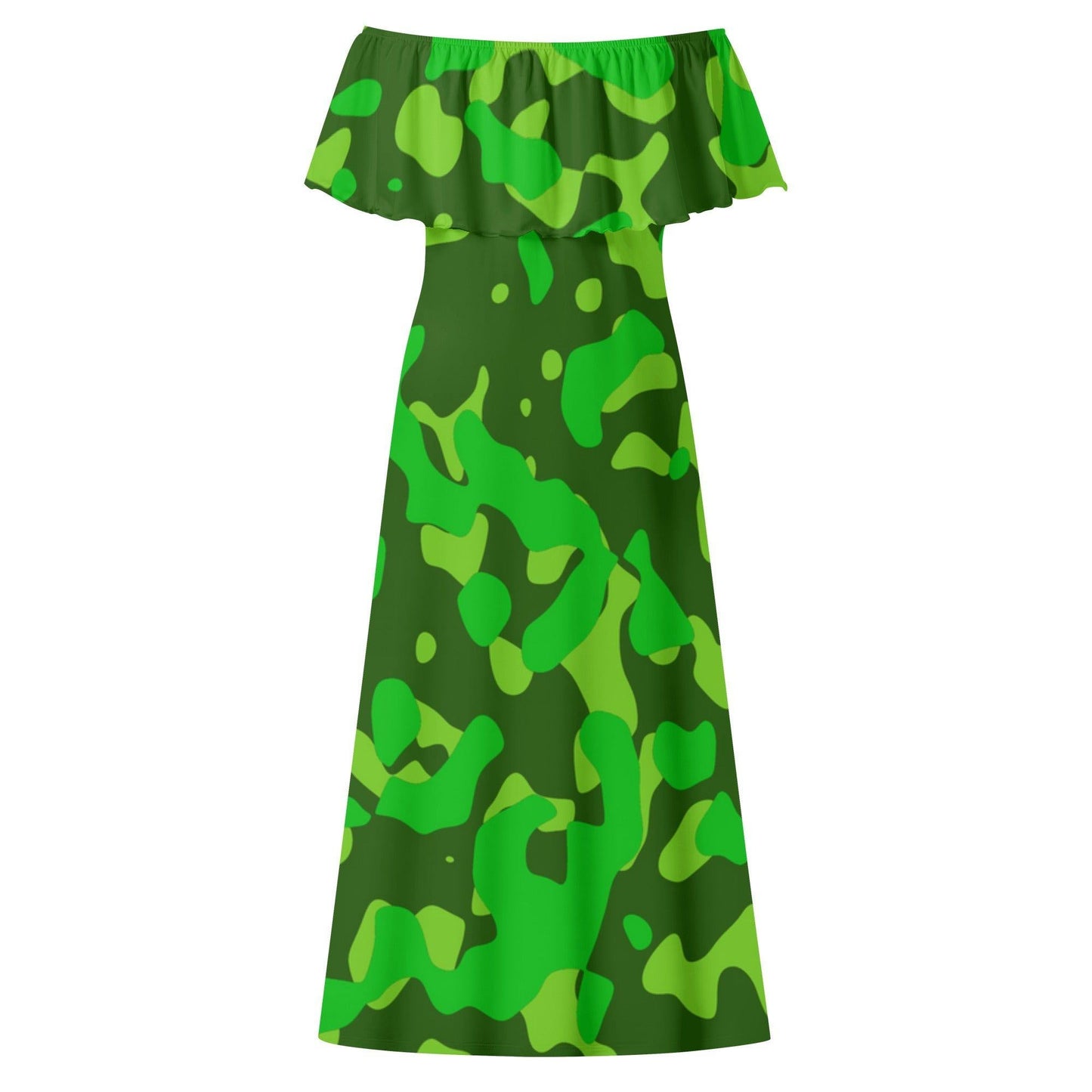 Langes schulterfreies Lime Green Camouflage Kleid mit lockerem Oberteil Off-Shoulder-Kleid 79.99 Camouflage, Green, Kleid, Lang, Lime, locker, Oberteil, Schulterfrei JLR Design