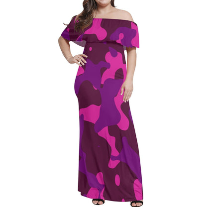 Langes schulterfreies Pink Camouflage Kleid mit lockerem Oberteil Off-Shoulder-Kleid 79.99 Camouflage, Kleid, Lang, locker, Oberteil, Pink, Schulterfrei JLR Design