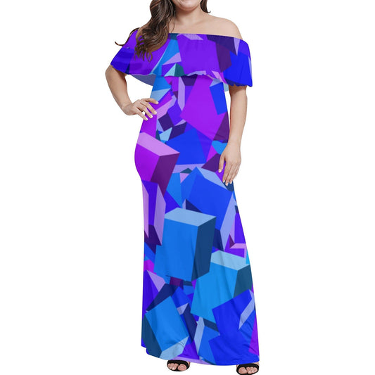 Langes schulterfreies Purple Cube Kleid mit lockerem Oberteil Off-Shoulder-Kleid 79.99 Cube, Kleid, Lang, locker, Oberteil, Purple, Schulterfrei JLR Design