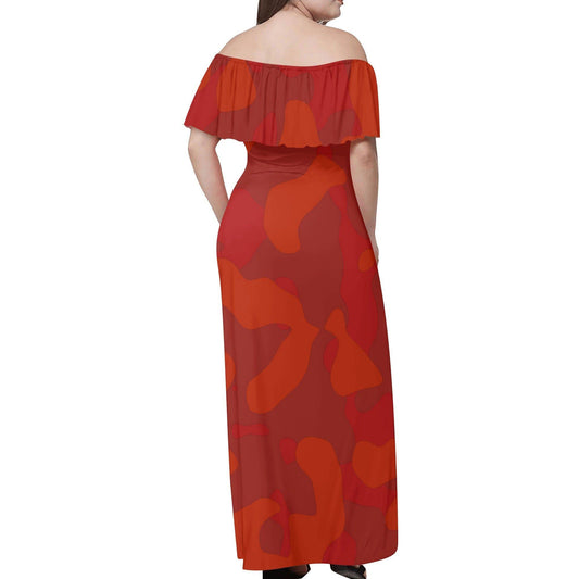 Langes schulterfreies Red Camouflage Kleid mit lockerem Oberteil Off-Shoulder-Kleid 79.99 Camouflage, Kleid, Lang, locker, Oberteil, Red, Schulterfrei JLR Design