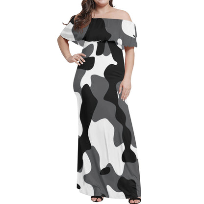 Langes schulterfreies Schwarz Grau Weiß Camouflage Kleid mit lockerem Oberteil Off-Shoulder-Kleid 79.99 Camouflage, Grau, Kleid, Lang, locker, Oberteil, Schulterfrei, Schwarz, Weiß JLR Design