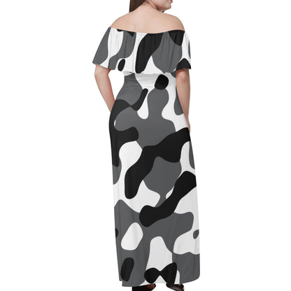 Langes schulterfreies Schwarz Grau Weiß Camouflage Kleid mit lockerem Oberteil Off-Shoulder-Kleid 79.99 Camouflage, Grau, Kleid, Lang, locker, Oberteil, Schulterfrei, Schwarz, Weiß JLR Design