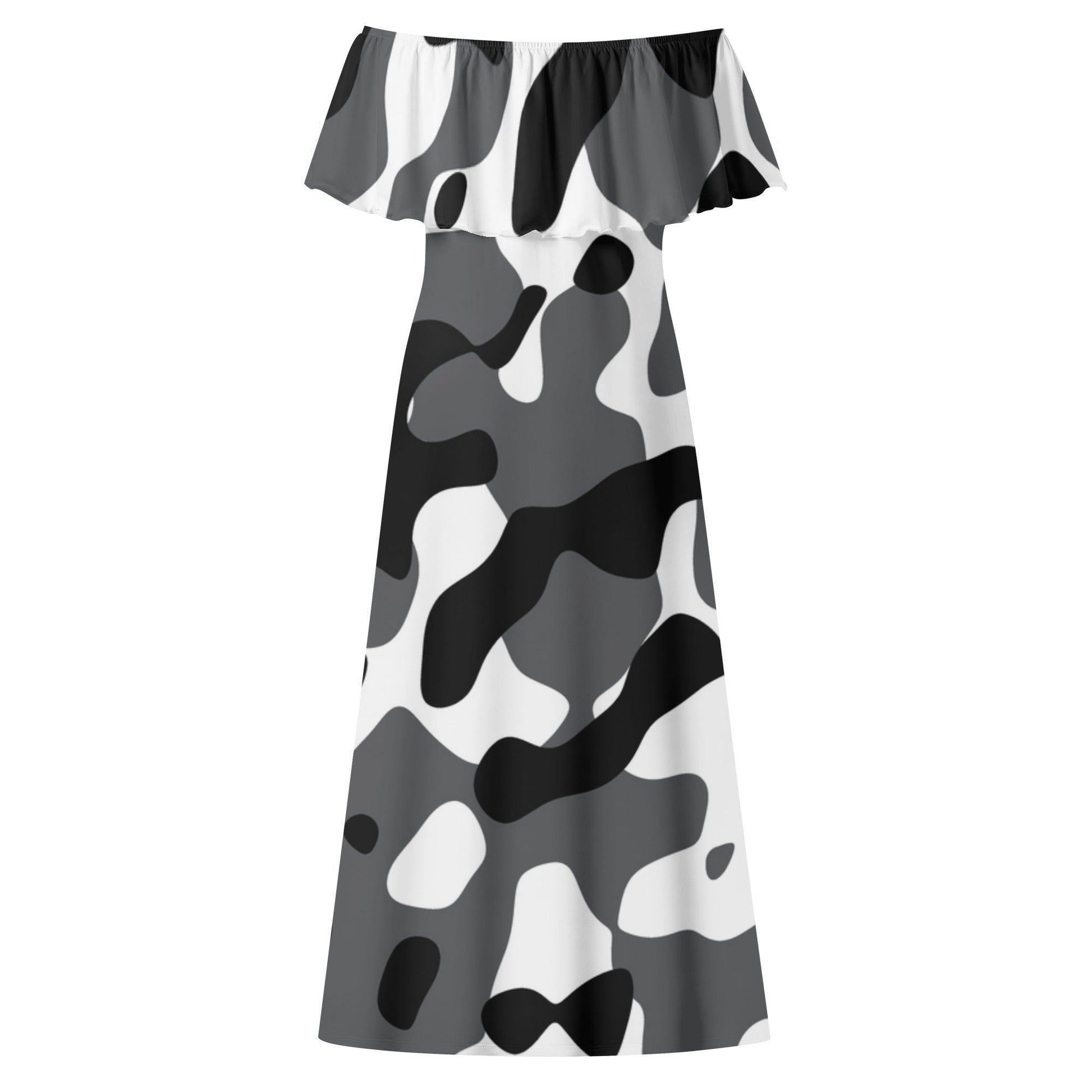 Langes schulterfreies Schwarz Grau Weiß Camouflage Kleid mit lockerem Oberteil Off-Shoulder-Kleid 79.99 Camouflage, Grau, Kleid, Lang, locker, Oberteil, Schulterfrei, Schwarz, Weiß JLR Design