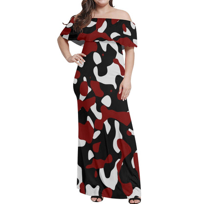 Langes schulterfreies Schwarz Rot Weiß Camouflage Kleid mit lockerem Oberteil Off-Shoulder-Kleid 79.99 Camouflage, Kleid, Lang, locker, Oberteil, Rot, Schulterfrei, Schwarz, Weiß JLR Design