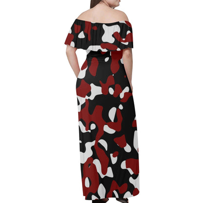 Langes schulterfreies Schwarz Rot Weiß Camouflage Kleid mit lockerem Oberteil Off-Shoulder-Kleid 79.99 Camouflage, Kleid, Lang, locker, Oberteil, Rot, Schulterfrei, Schwarz, Weiß JLR Design