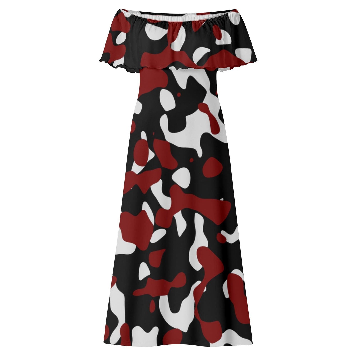 Langes schulterfreies Schwarz Rot Weiß Camouflage Kleid mit lockerem Oberteil Off-Shoulder-Kleid 79.99 Camouflage, Kleid, Lang, locker, Oberteil, Rot, Schulterfrei, Schwarz, Weiß JLR Design