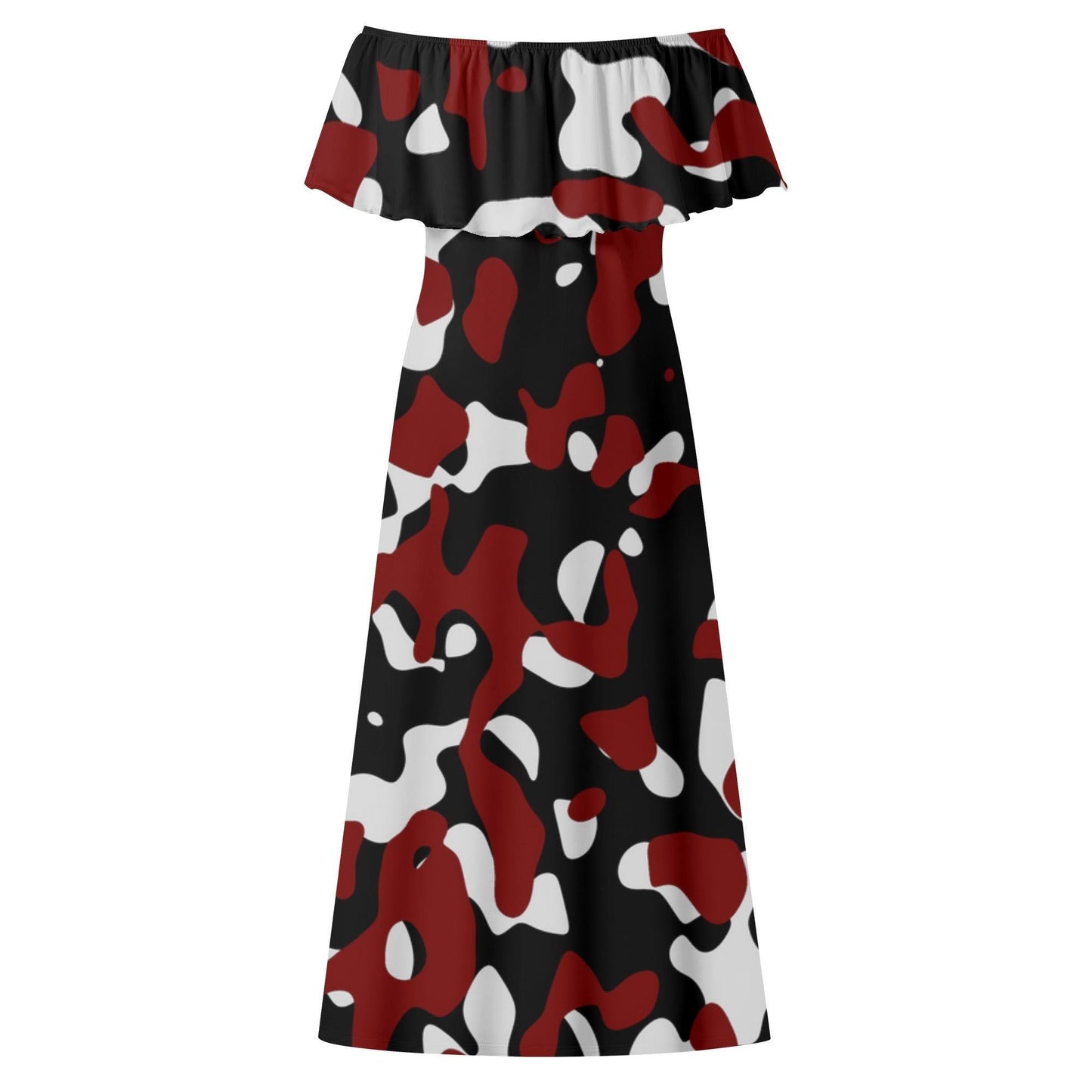 Langes schulterfreies Schwarz Rot Weiß Camouflage Kleid mit lockerem Oberteil Off-Shoulder-Kleid 79.99 Camouflage, Kleid, Lang, locker, Oberteil, Rot, Schulterfrei, Schwarz, Weiß JLR Design