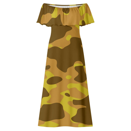 Langes schulterfreies Yellow Camouflage Kleid mit lockerem Oberteil Off-Shoulder-Kleid 79.99 Camouflage, Kleid, Lang, locker, Oberteil, Schulterfrei, Yellow JLR Design