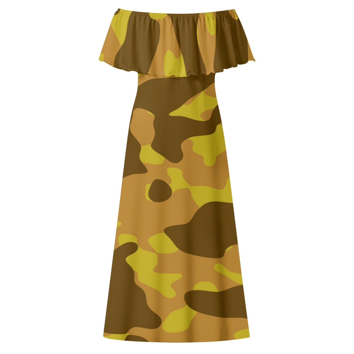 Langes schulterfreies Yellow Camouflage Kleid mit lockerem Oberteil Off-Shoulder-Kleid 79.99 Camouflage, Kleid, Lang, locker, Oberteil, Schulterfrei, Yellow JLR Design