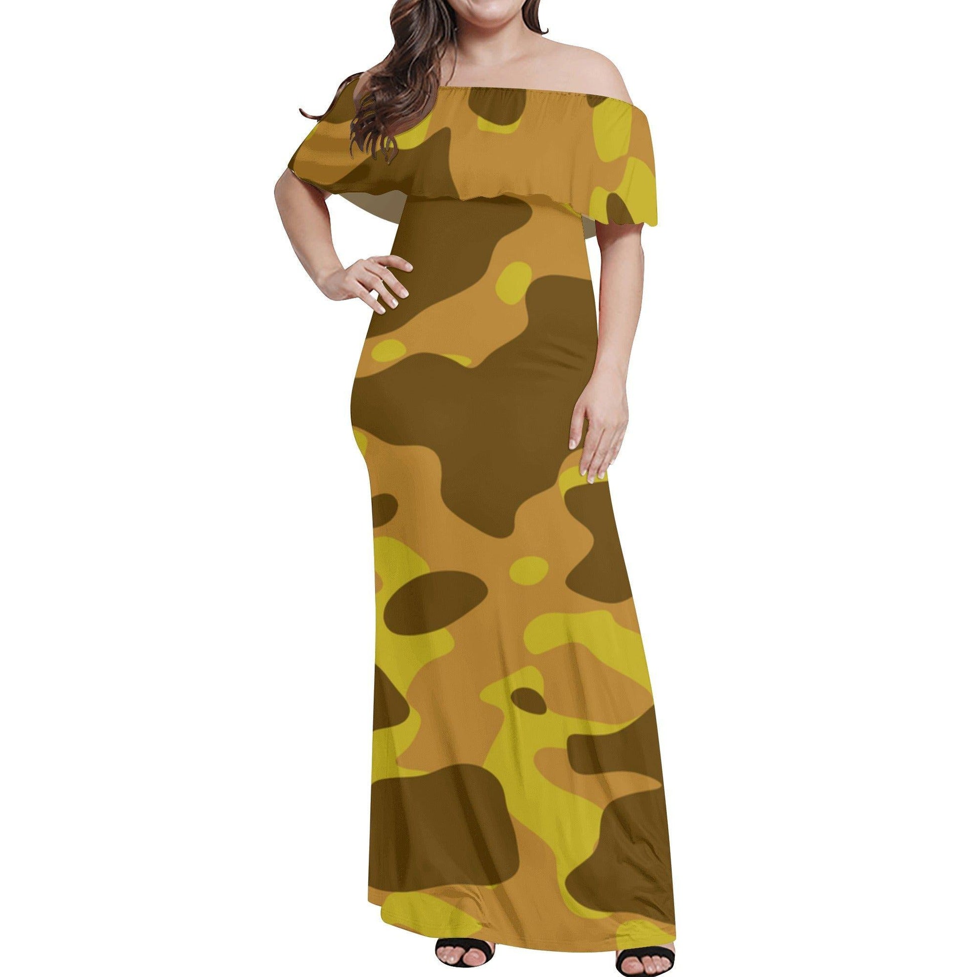 Langes schulterfreies Yellow Camouflage Kleid mit lockerem Oberteil Off-Shoulder-Kleid 79.99 Camouflage, Kleid, Lang, locker, Oberteil, Schulterfrei, Yellow JLR Design