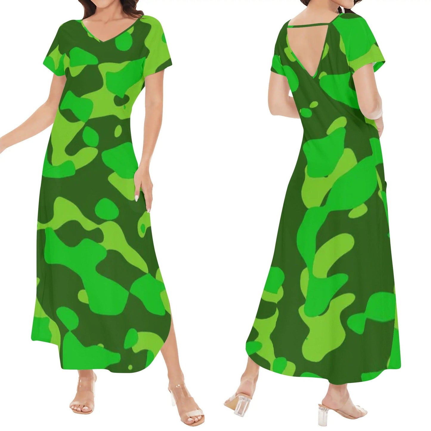 Lime Green Camouflage kurzärmliges drapiertes Kleid drapiertes Kleid 63.99 Camouflage, drapiert, Green, kleid, kurzärmlig, Lime JLR Design