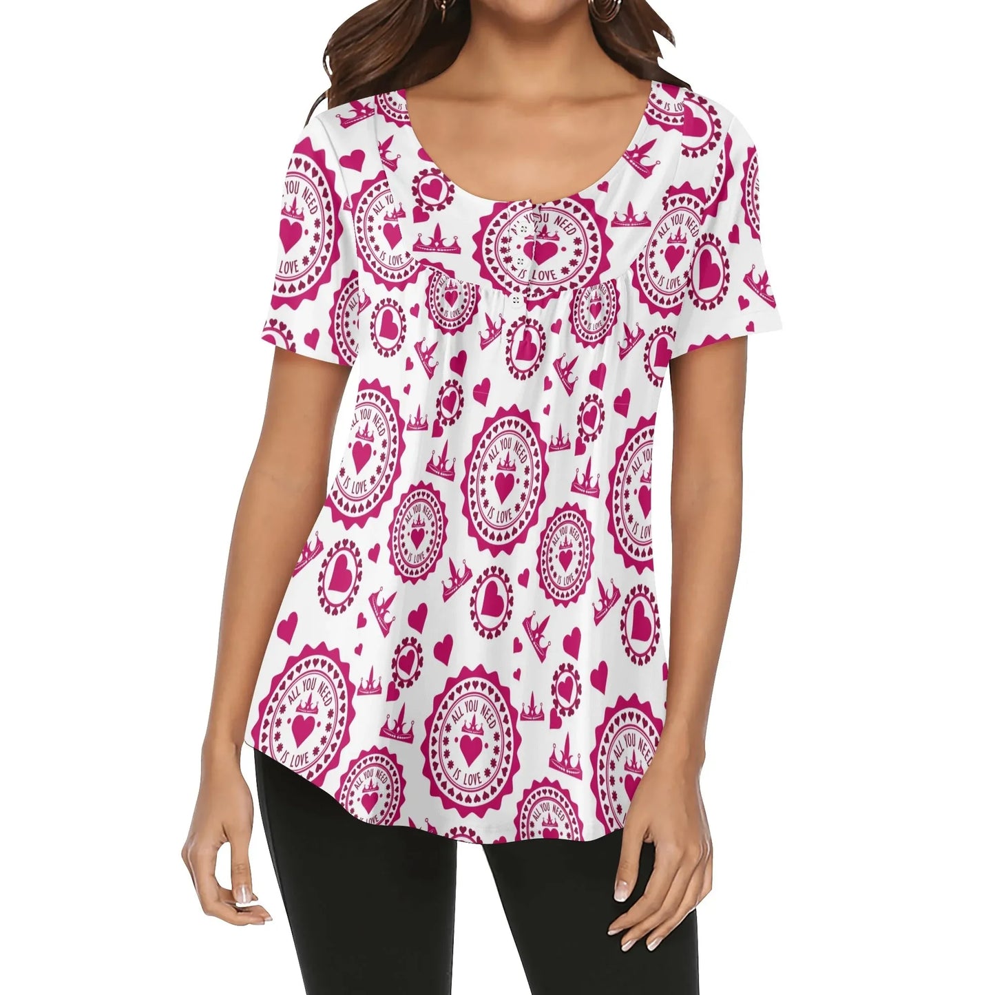 lockere-bluse-mit-u-ausschnitt-und-kurzen-armeln-fur-damen-all-you-need-is-love-bluse-jlr-design-69339 - JLR Design