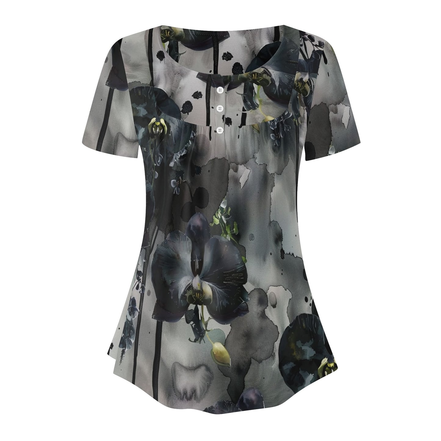 Lockere Bluse mit U-Ausschnitt und kurzen Ärmeln für Damen - Black Orchid Bluse JLR Design
