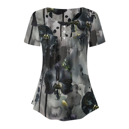Lockere Bluse mit U-Ausschnitt und kurzen Ärmeln für Damen - Black Orchid Bluse JLR Design