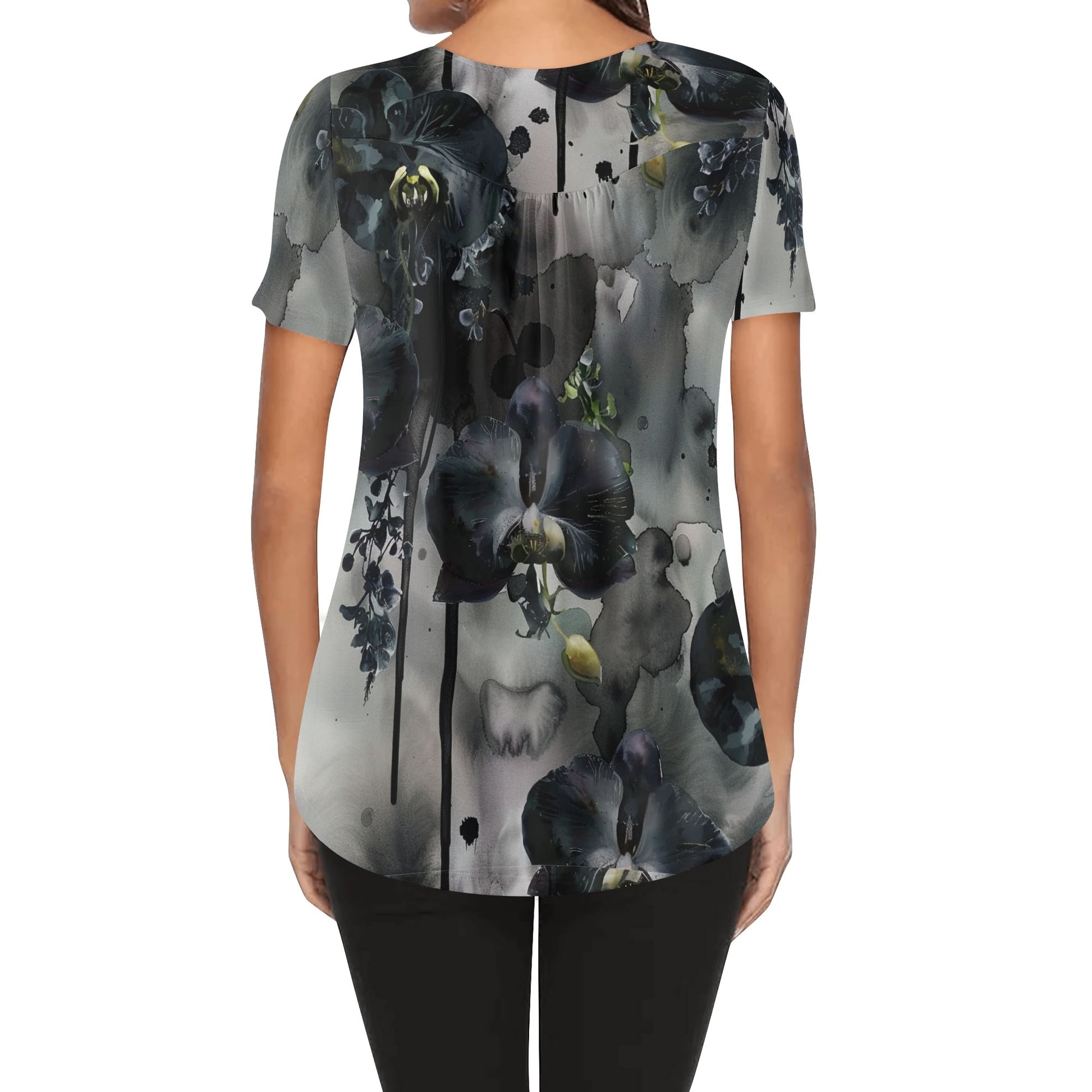 Lockere Bluse mit U-Ausschnitt und kurzen Ärmeln für Damen - Black Orchid Bluse JLR Design