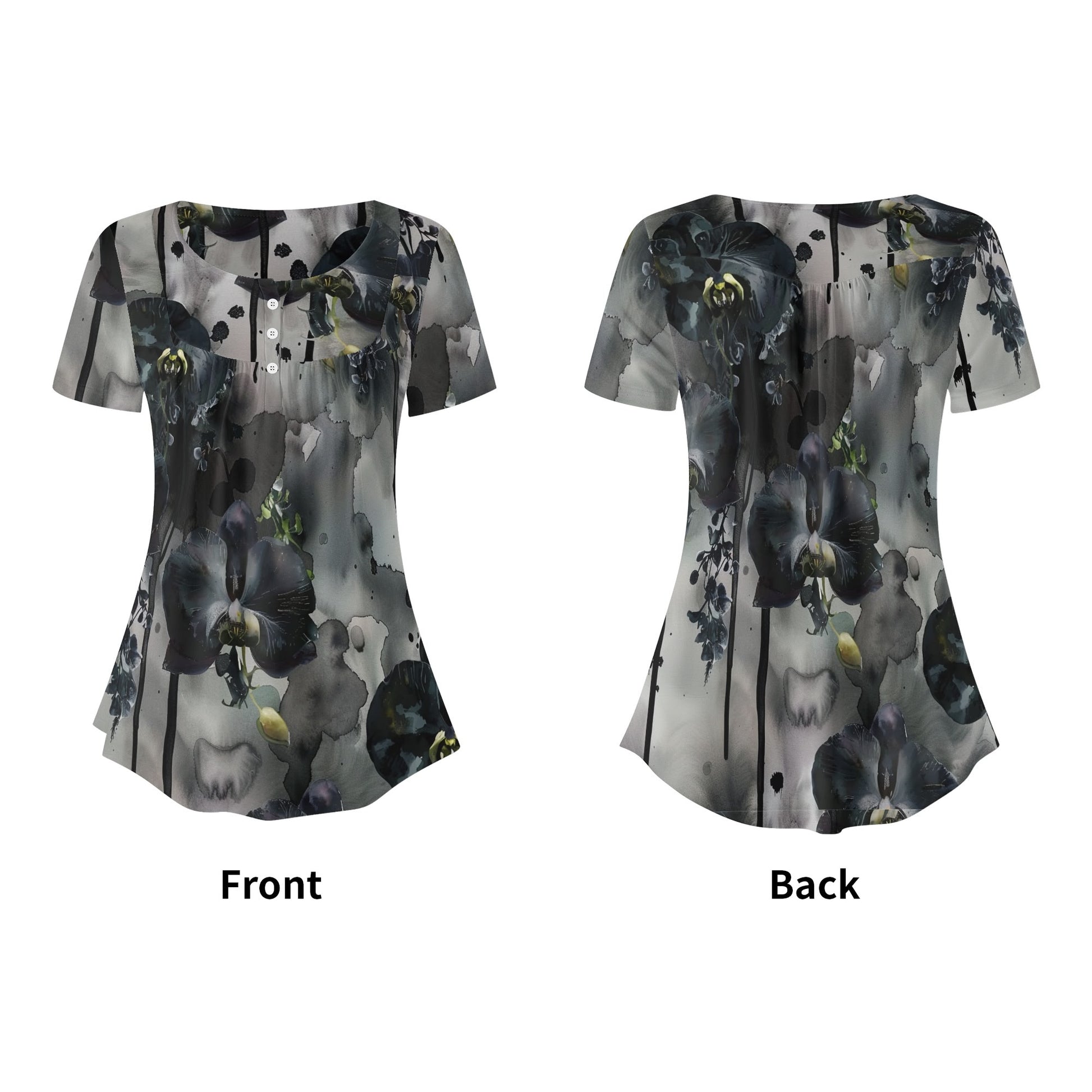 Lockere Bluse mit U-Ausschnitt und kurzen Ärmeln für Damen - Black Orchid Bluse JLR Design