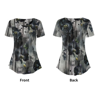 Lockere Bluse mit U-Ausschnitt und kurzen Ärmeln für Damen - Black Orchid Bluse JLR Design
