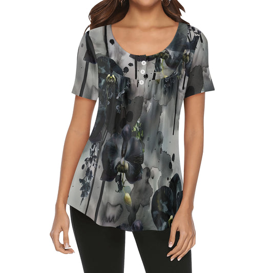 Lockere Bluse mit U-Ausschnitt und kurzen Ärmeln für Damen - Black Orchid Bluse JLR Design