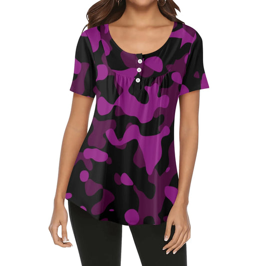 lockere-bluse-mit-u-ausschnitt-und-kurzen-armeln-fur-damen-black-pink-camouflage-bluse-jlr-design-36596 - JLR Design