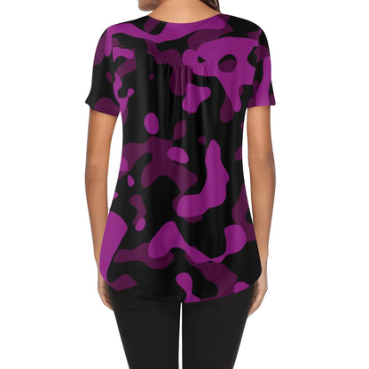 lockere-bluse-mit-u-ausschnitt-und-kurzen-armeln-fur-damen-black-pink-camouflage-bluse-jlr-design-91931 - JLR Design