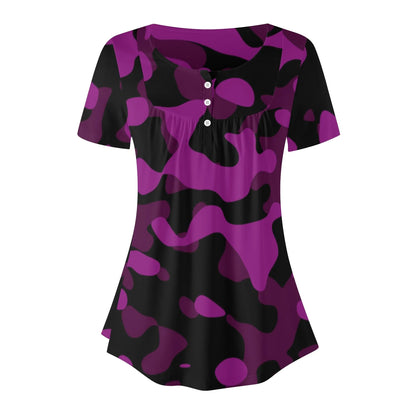 lockere-bluse-mit-u-ausschnitt-und-kurzen-armeln-fur-damen-black-pink-camouflage-bluse-jlr-design-16040 - JLR Design