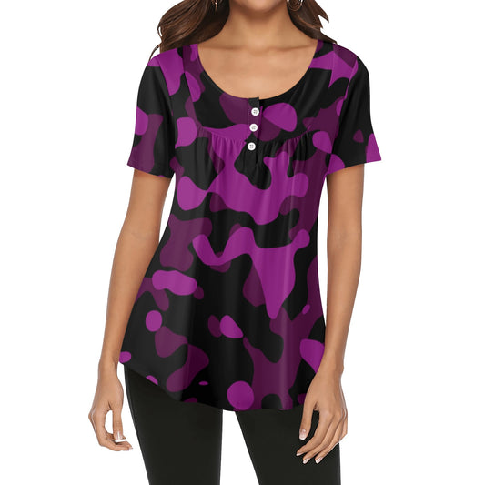 Lockere Bluse mit U-Ausschnitt und kurzen Ärmeln für Damen - Black Pink Camouflage Bluse JLR Design