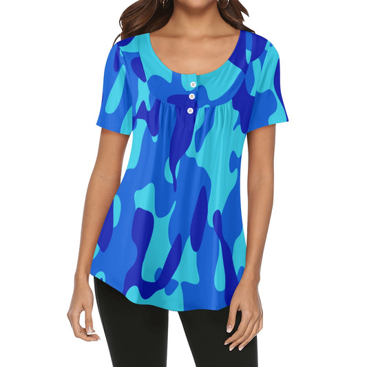 Lockere Bluse mit U-Ausschnitt und kurzen Ärmeln für Damen - Blue Camouflage Bluse JLR Design