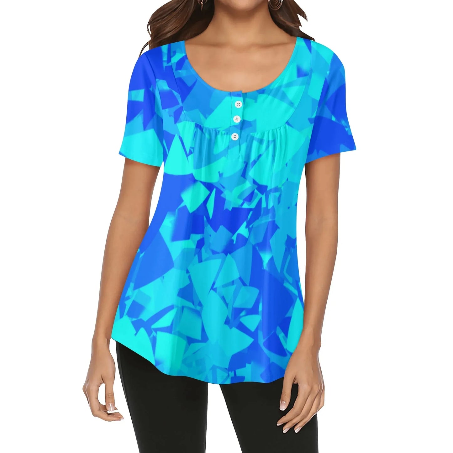 lockere-bluse-mit-u-ausschnitt-und-kurzen-armeln-fur-damen-blue-crystal-bluse-jlr-design-82277 - JLR Design