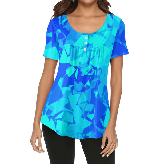 Lockere Bluse mit U-Ausschnitt und kurzen Ärmeln für Damen - Blue Crystal Bluse JLR Design