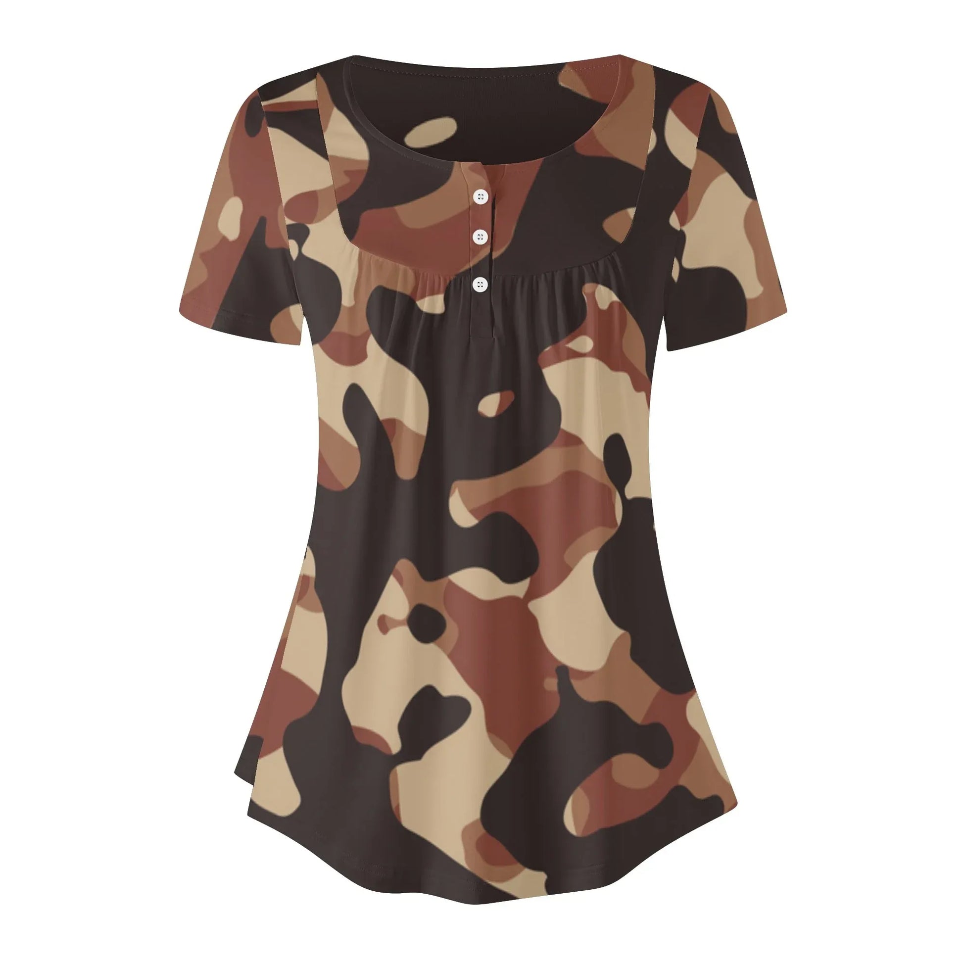 lockere-bluse-mit-u-ausschnitt-und-kurzen-armeln-fur-damen-brown-camouflage-bluse-jlr-design-22873 - JLR Design