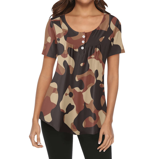 Lockere Bluse mit U-Ausschnitt und kurzen Ärmeln für Damen - Brown Camouflage Bluse JLR Design