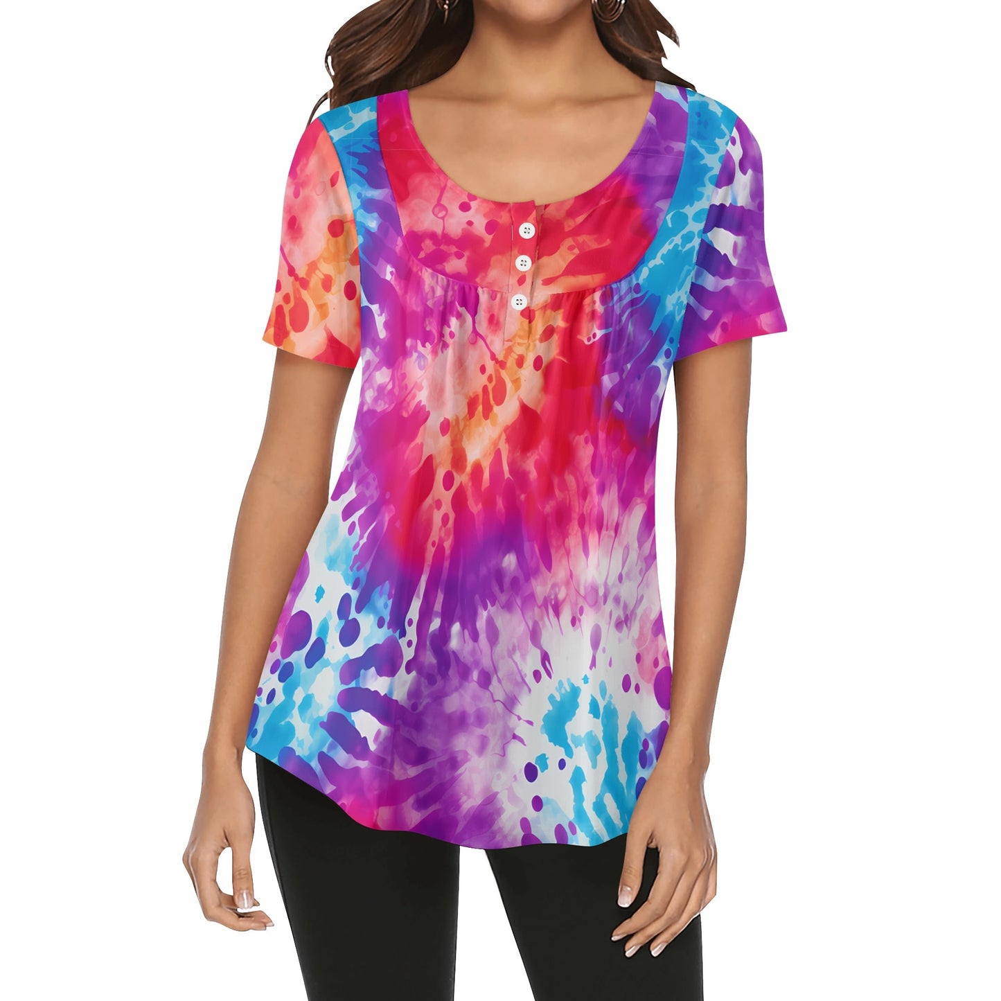 Lockere Bluse mit U-Ausschnitt und kurzen Ärmeln für Damen - Die Dye v2 Bluse JLR Design