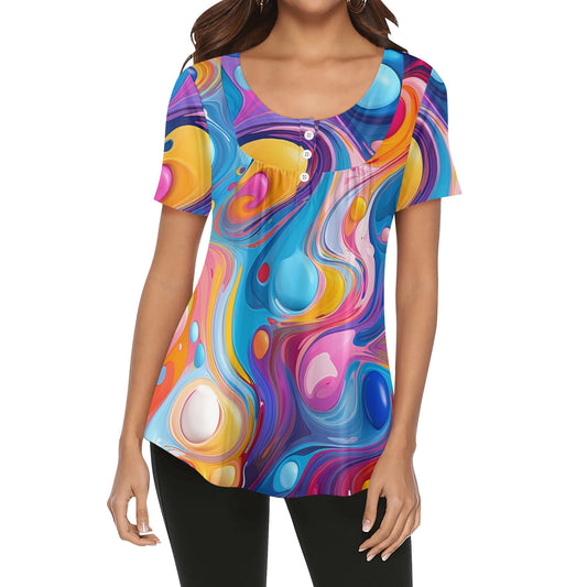 Lockere Bluse mit U-Ausschnitt und kurzen Ärmeln für Damen - Fluid Colors Bluse JLR Design
