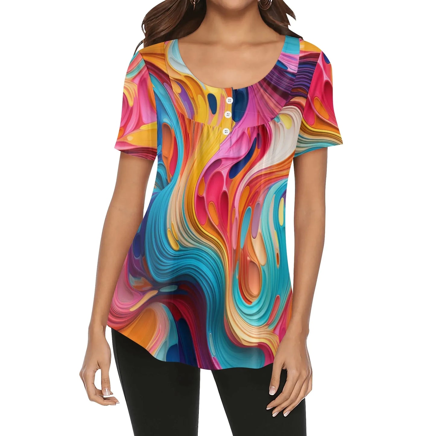 lockere-bluse-mit-u-ausschnitt-und-kurzen-armeln-fur-damen-flussiges-farbenspiel-bluse-jlr-design-86004 - JLR Design