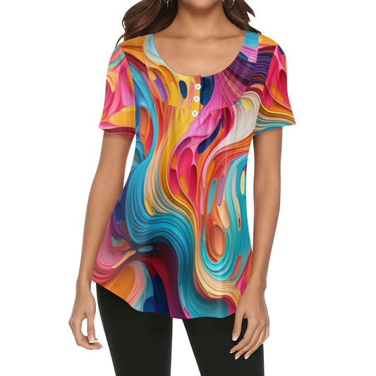 Lockere Bluse mit U-Ausschnitt und kurzen Ärmeln für Damen - Flüssiges Farbenspiel Bluse JLR Design