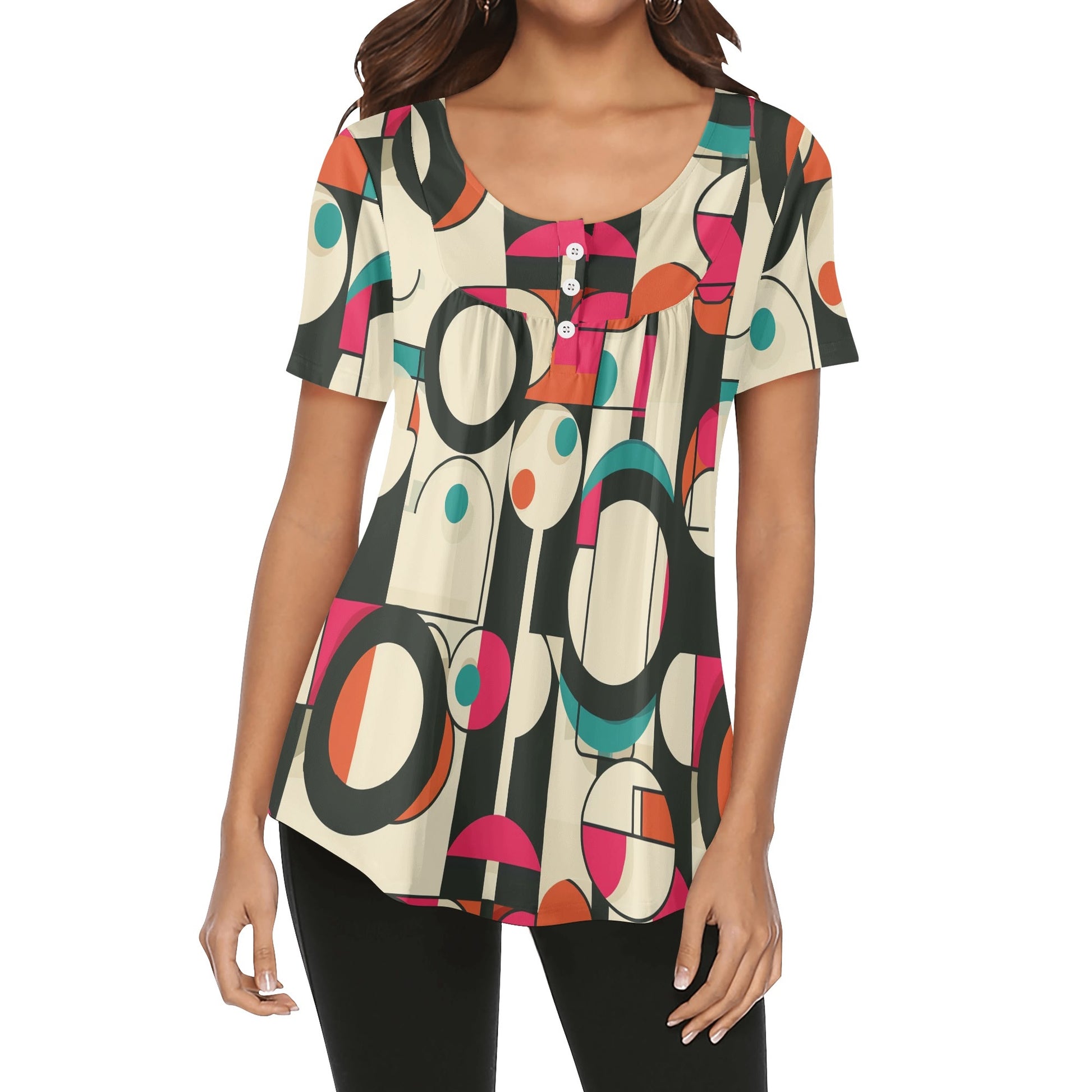 Lockere Bluse mit U-Ausschnitt und kurzen Ärmeln für Damen - Geometry v1 Bluse JLR Design