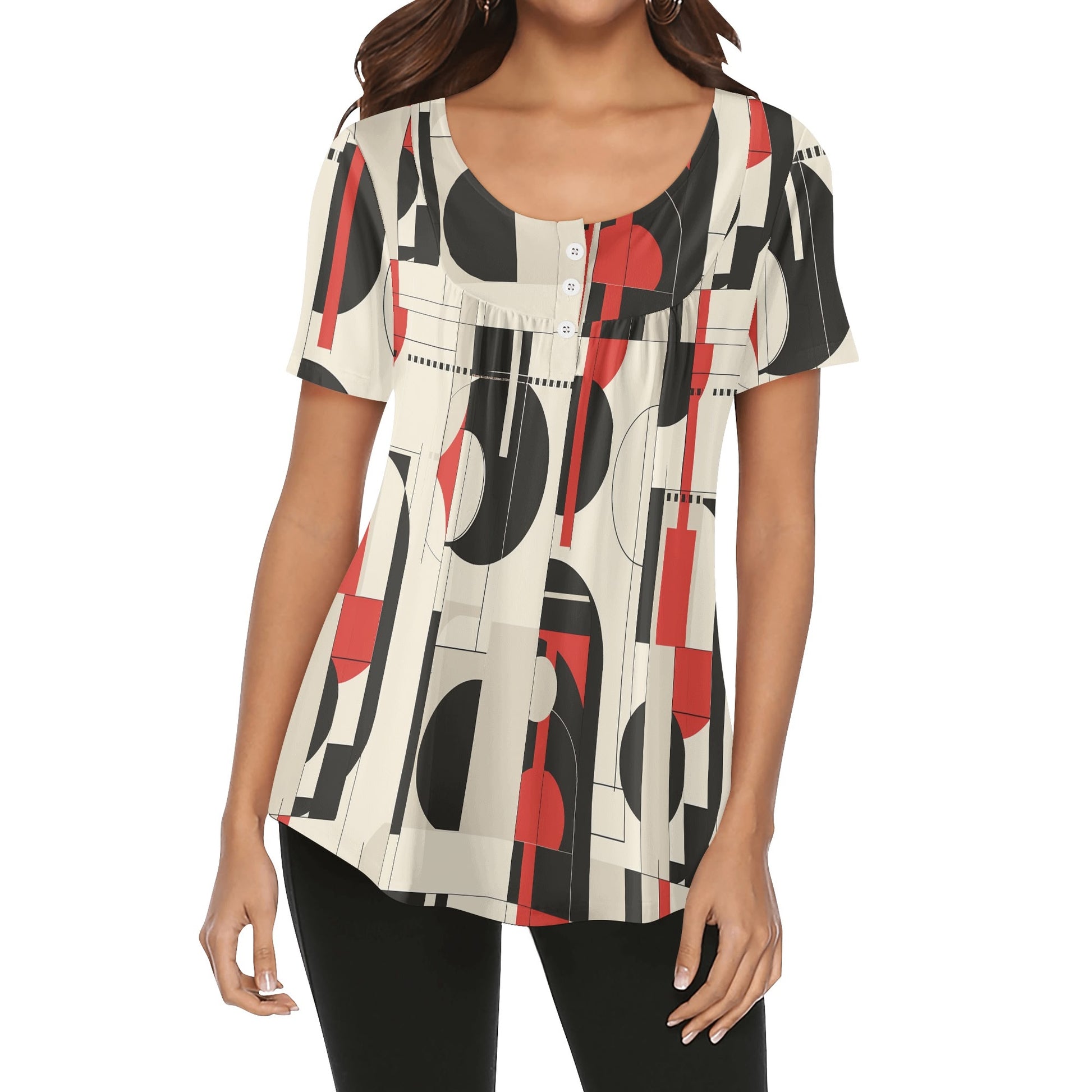 Lockere Bluse mit U-Ausschnitt und kurzen Ärmeln für Damen - Geometry v5 Bluse JLR Design