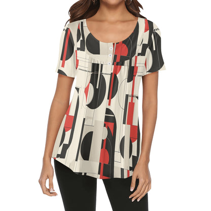 Lockere Bluse mit U-Ausschnitt und kurzen Ärmeln für Damen - Geometry v5 Bluse JLR Design