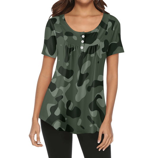 Lockere Bluse mit U-Ausschnitt und kurzen Ärmeln für Damen - Green Camouflage Bluse JLR Design